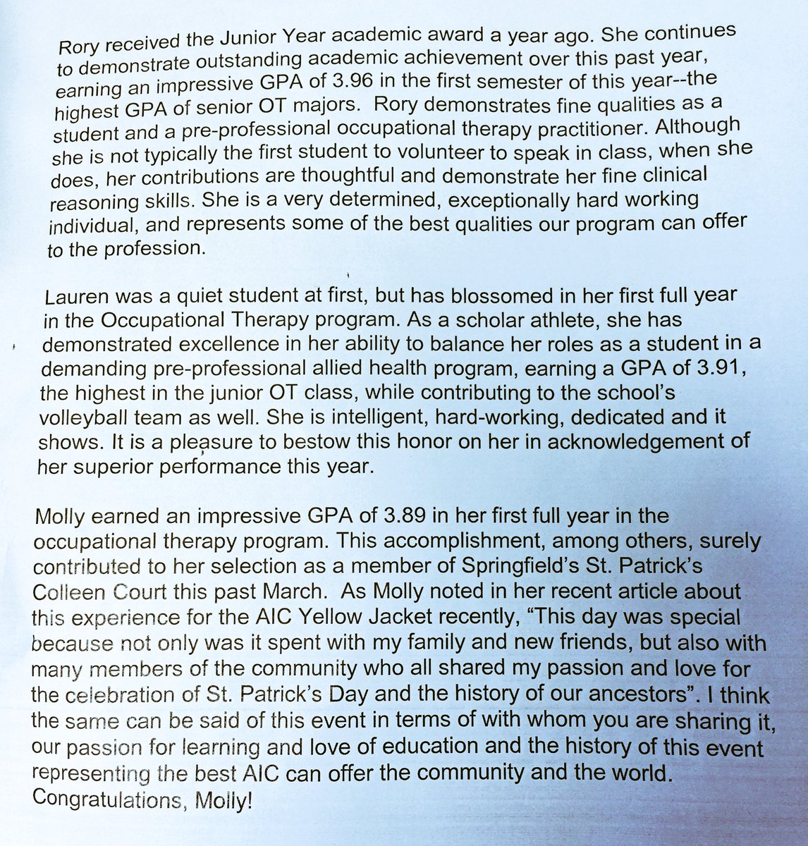 _allisulli's tweet image. My comments regarding our academic award winners. #otdistinctvalue @AICEngagement @AIConcampus     🏆🏆🏆