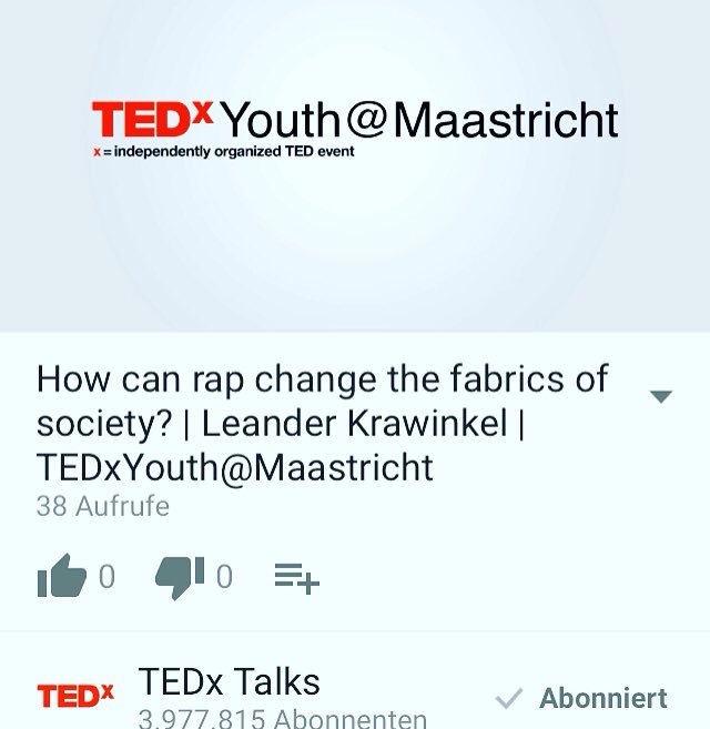 LKrawinkel's tweet photo. My #TEDx Talk is finally #online! #rap #hiphop #tedxyouthmaastricht2016  #Leander #sheeesh https://t.co/1nvu9ZsI8c https://t.co/k9wkEffMtu