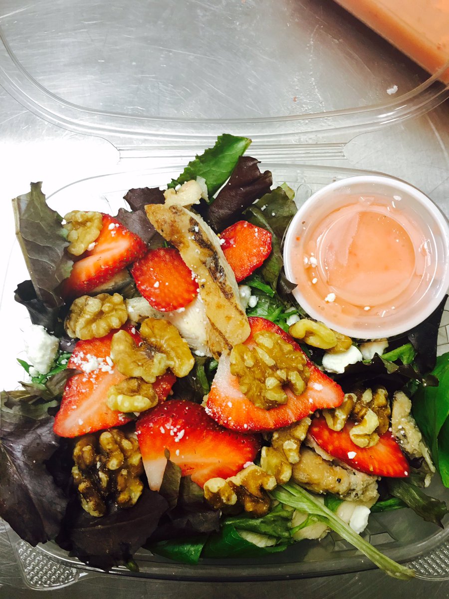 Strawberry salad with grilled chicken, feta cheese, walnuts &amp; home made strawberry vinaigrette