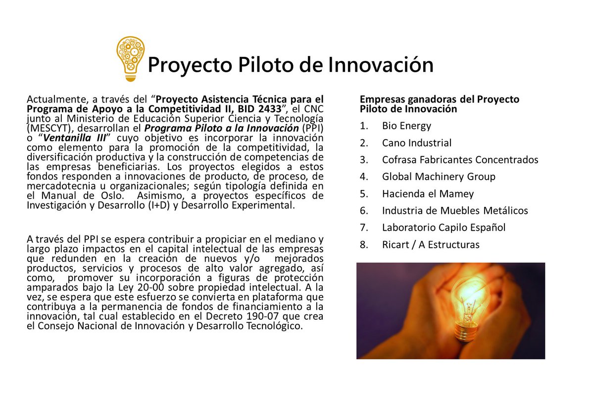 cncgobdo's tweet photo. ¿Qué es el Proyecto Piloto de Innovación?#RDInnova https://t.co/lFDFGyYKcu