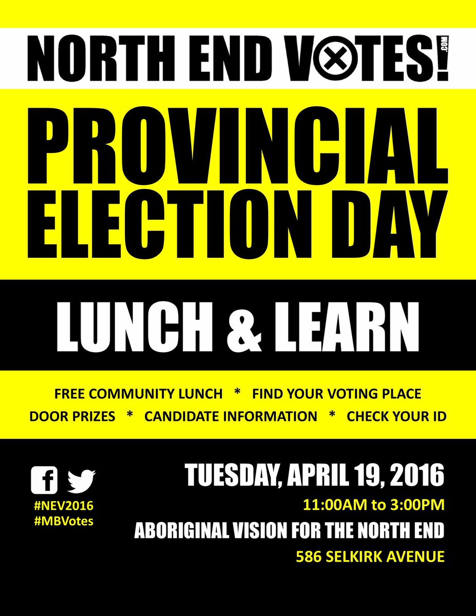 NorthEndVotes's tweet photo. Stop by @AbVisionNE (586 Selkirk Ave) from 11-3pm for lunch, prizes &amp; great info! #NEV2016 #MBVotes https://t.co/MlW25Wt6IU