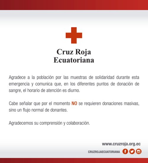 cruzrojaecuador's tweet photo. Gracias por su solidaridad. Por el momento NO se requieren donaciones de sangre masiva. Por favor RT
#SeNecesitaEC https://t.co/Cn3ZBqCojB