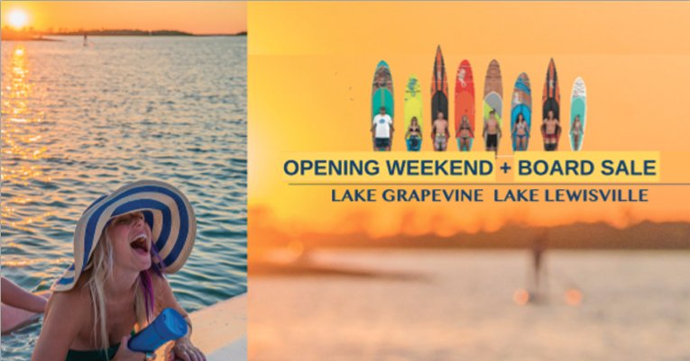 Opening Weekend + Paddleboard Sale <a href="/DFWSurf/">DFW Surf</a>.  This Saturday and Sunday.