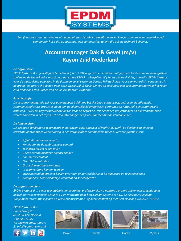 Wij zijn op zoek naar een  #Accountmanager voor Rayon Zuid Nederland, zie bijlage. Graag retweeten! #es #vacature