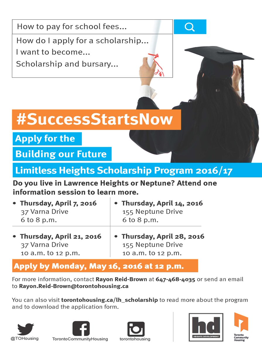 TOHousing's tweet photo. STUDENTS: #LimitlessHeights scholarship info session is THURS. at 10 am @ 37 Varna! Come by! #SuccessStartsNow #TCHC https://t.co/5YHhKKIPXx