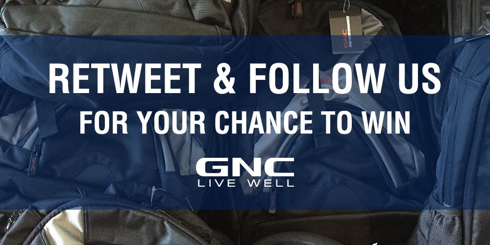 GNCCanada's tweet photo. #Contest - RT &amp; Follow Us for your chance to #win a GNC Backpack! We'll give away 2 if we reach 300 RT's

#giveaway https://t.co/I0N6UxlccR