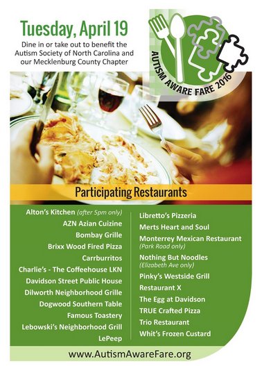 CLTRadioNews's tweet photo. The @AutismSocietyNC #AwareFare is TODAY! Dine out for #autism in #CLT & make a difference! https://t.co/PNl3pIbwxm https://t.co/QutTfPlS9G