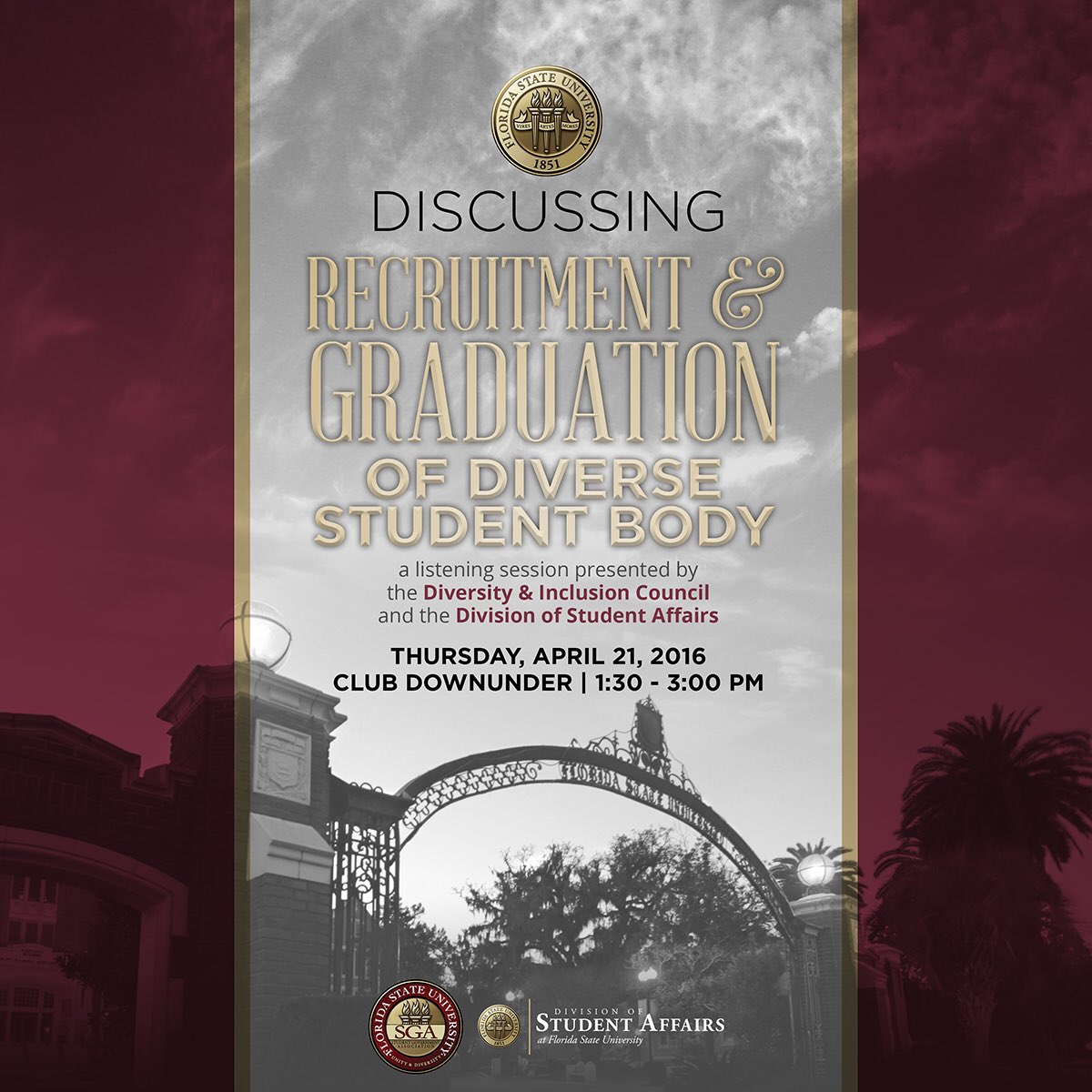 FSU_HLSU's tweet photo. How can we improve recruitment &amp; retention while creating a more diverse &amp; inclusive campus? Come on out Thursday! https://t.co/WtDR9QDsoX