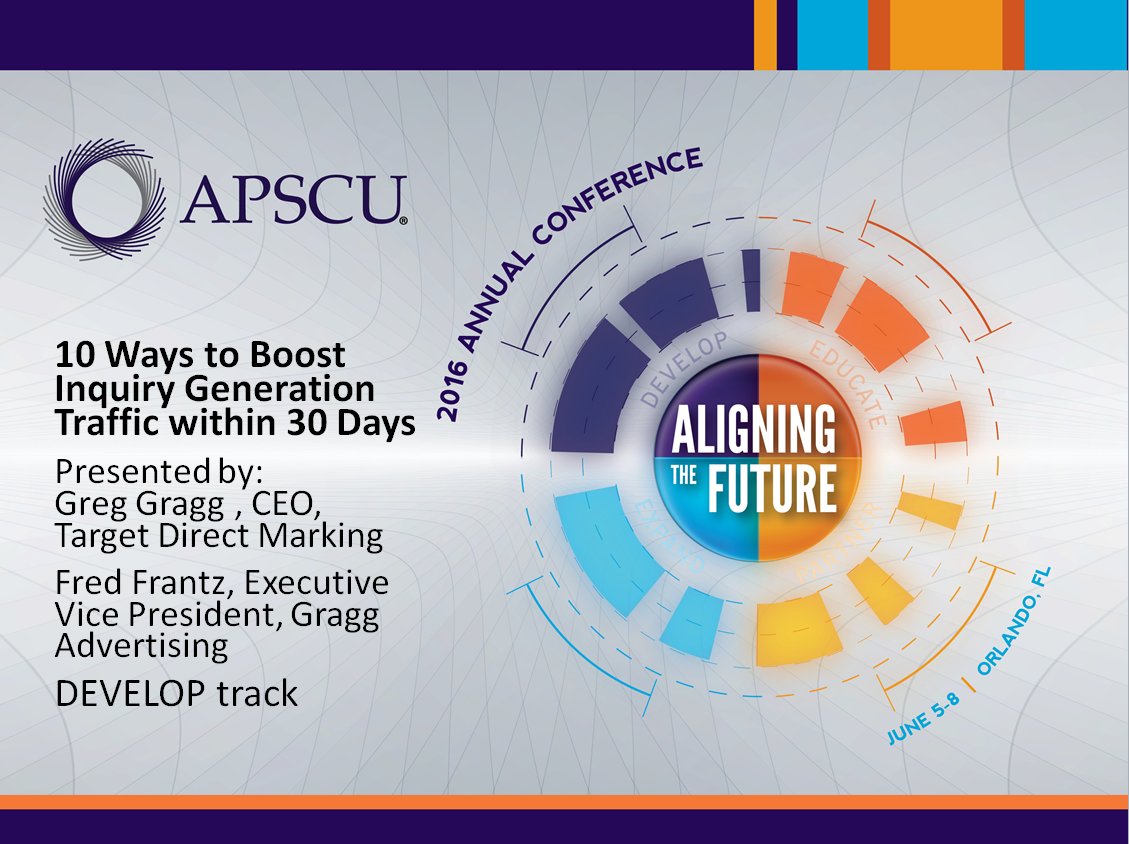 CECUedu's tweet photo. In the DEVELOP track at #APSCU16: @GoWithGragg @TDMktg show how to optimize media channels to impact inquiry volume https://t.co/mgAqWPgK17