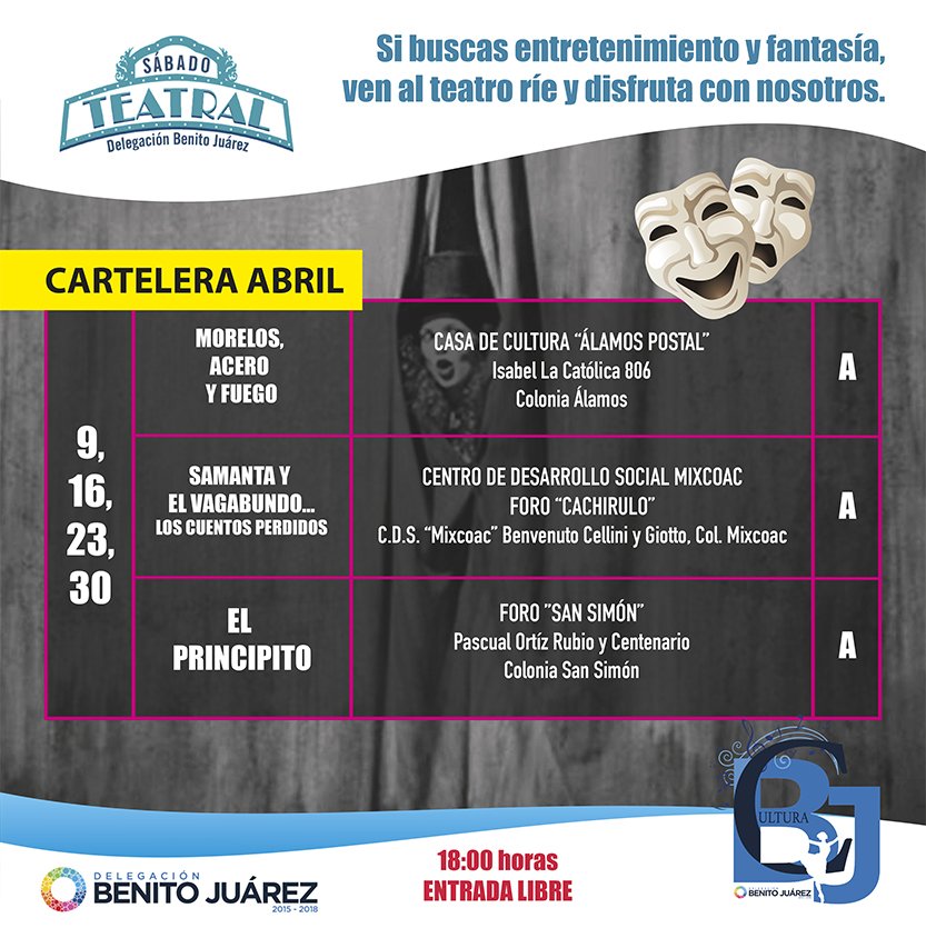 Les compartimos nuestra Cartelera de #SábadoTEATRAL, aquí las opciones que tenemos para ustedes. 🎭