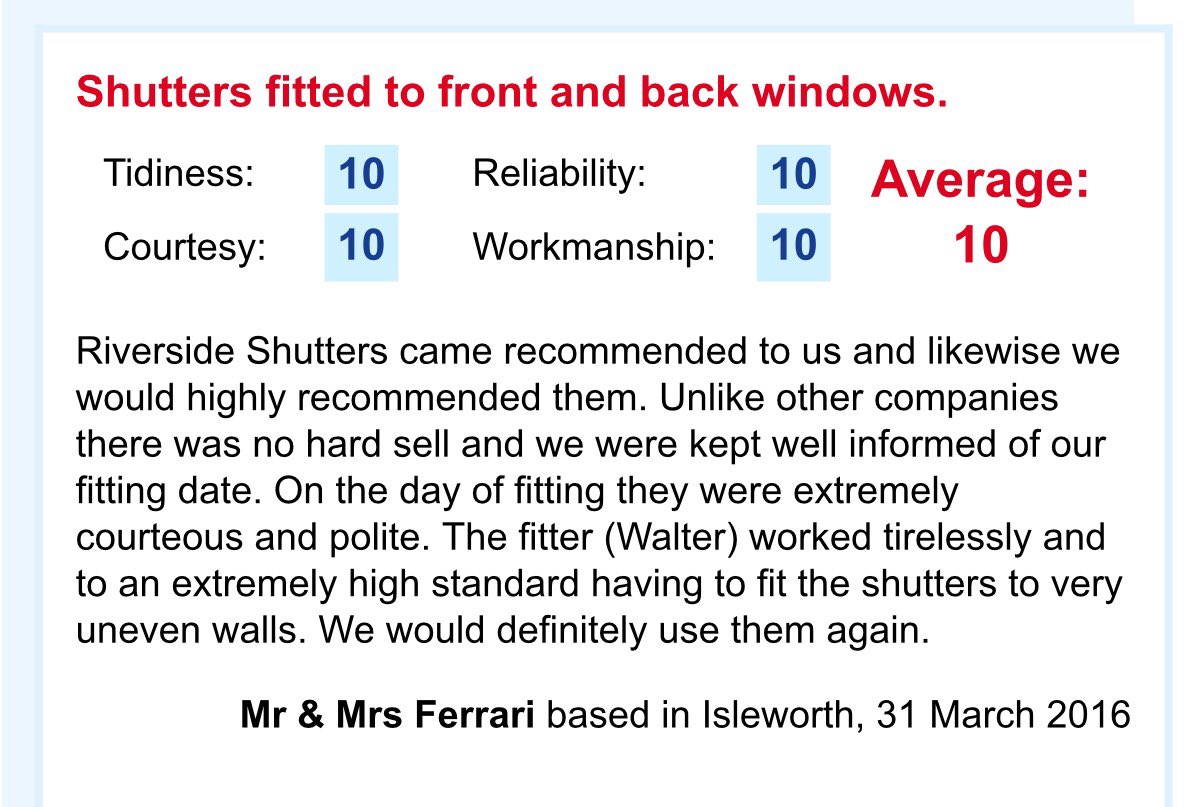 More wonderful feedback, direct from another valued customer. Love Your Home ❤️ <a href="/Checkatrade/">Checkatrade</a> #windowshutters