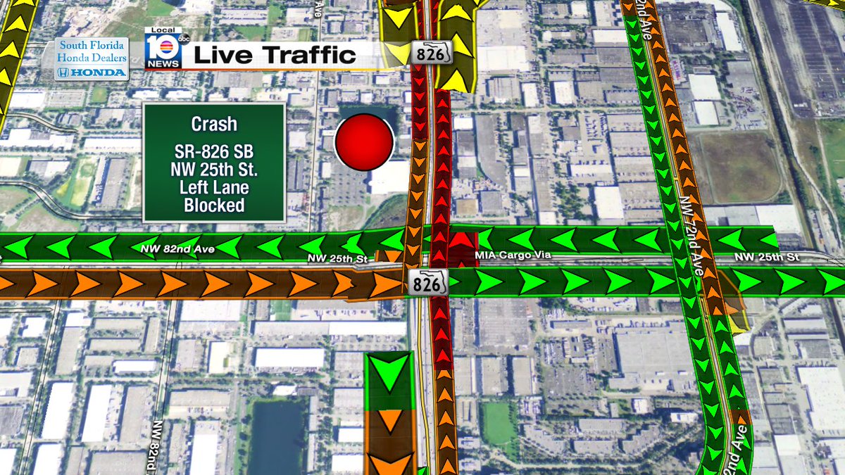 CRASH: SR-826 SB & NW 25th St.  Left lane is blocked.  #TRAFFIC #MIAMI https://t.co/6XYapHFIhj