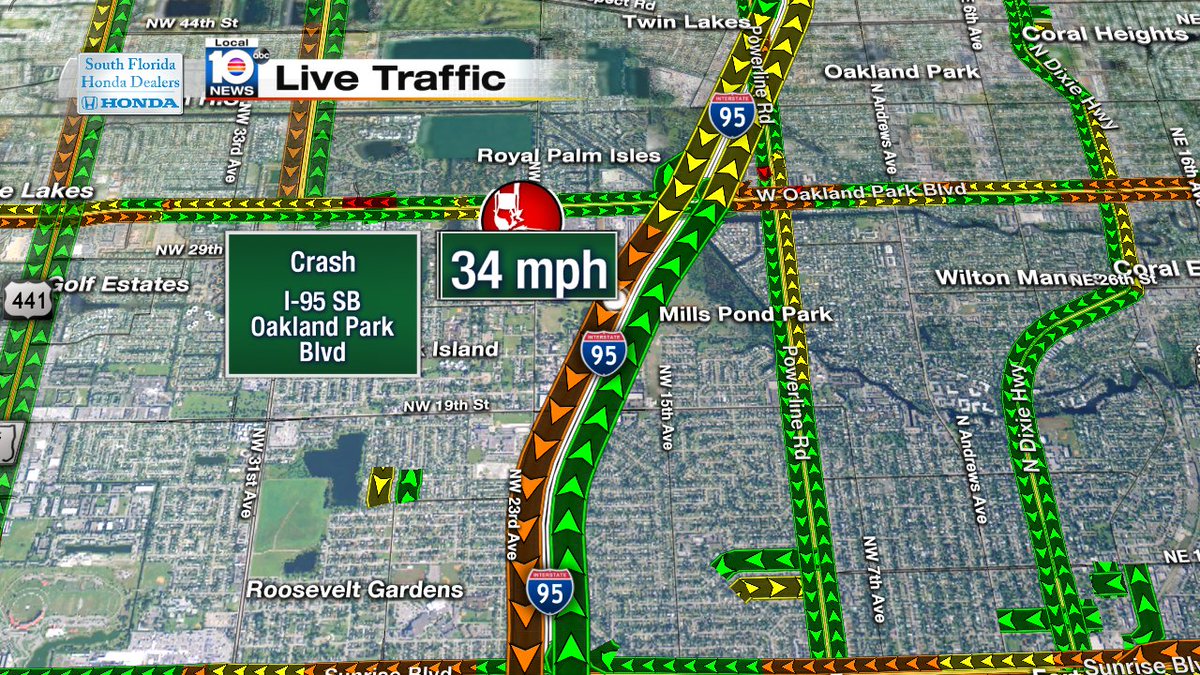 CRASH: I-95 SB & Oakland Pk Blvd. Speeds at 34 MPH. Expect delays.  #TRAFFIC #MIAMI https://t.co/i4YqkyCPf7