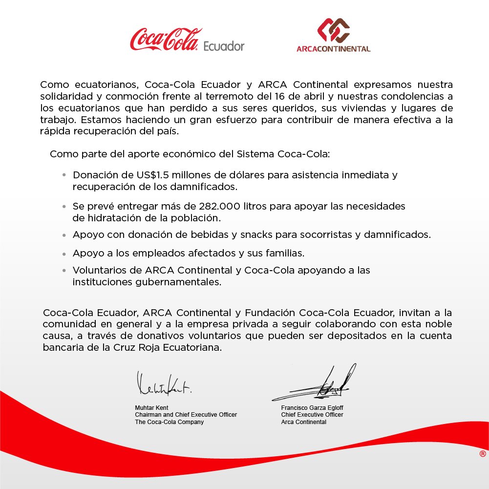 CocaColaEC's tweet photo. Coca-Cola Ecuador y Arca Continental están unidos para ayudar y te invitamos a tender una mano. #EcuadorALevantarse https://t.co/trBzcWqraa