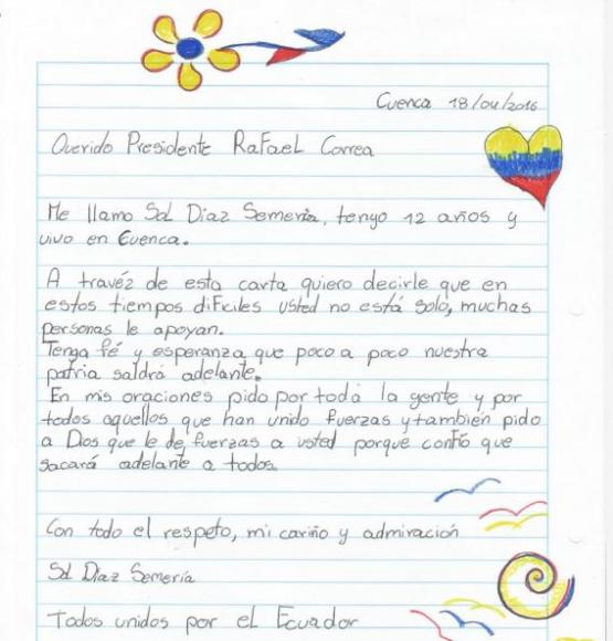 andesecuador's tweet photo. Niña ecuatoriana envía conmovedora carta de aliento al presidente @MashiRafael tras sismo►https://t.co/uHKWckVRKs https://t.co/PGqiLGqrx4