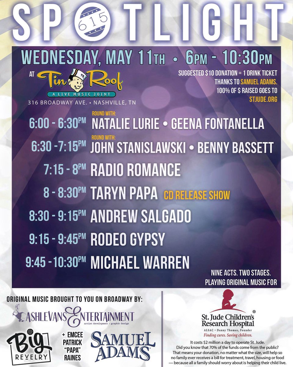 Wed May 11 <a href="/TinRoofBroadway/">Tin Roof Broadway</a> for <a href="/StJude/">St. Jude</a> 🎶💓 <a href="/GeenaFontanella/">Geena</a> <a href="/benny_bassett/">Benny Bassett</a> <a href="/RadioRomance_/">Radio Romance</a> <a href="/TarynPapa/">Taryn Papa</a> <a href="/andrewsalgado/">lol</a>
