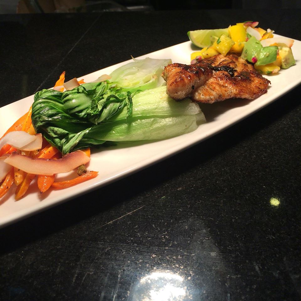 Entree feature for the week,
Blackened Catfish, coconut carrots, bok choy, avocado mango salsa $10