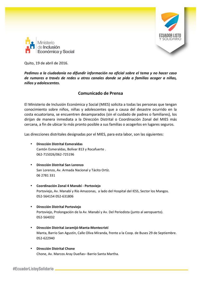 DHumanoEc's tweet photo. [URGENTE] NO se pide a familias acoger a niñ@s,adolescentes.Direccionarlos a oficinas MIES #EcuadorListoYSolidario https://t.co/eo0g6R8MCH