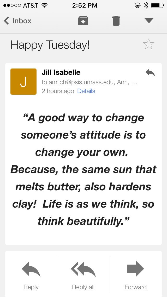 MelissaMigden's tweet photo. Inspirational email from my boss.  Happy Tuesday everyone! #ThinkBeautifully https://t.co/3yWdCrGe4f