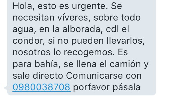 TuiteroGuayaco's tweet photo. Los que estén en la alborada y deseen ayudar con víveres para Bahía info con @martintorrees o al 0980038708 https://t.co/tLpFmSKWJZ