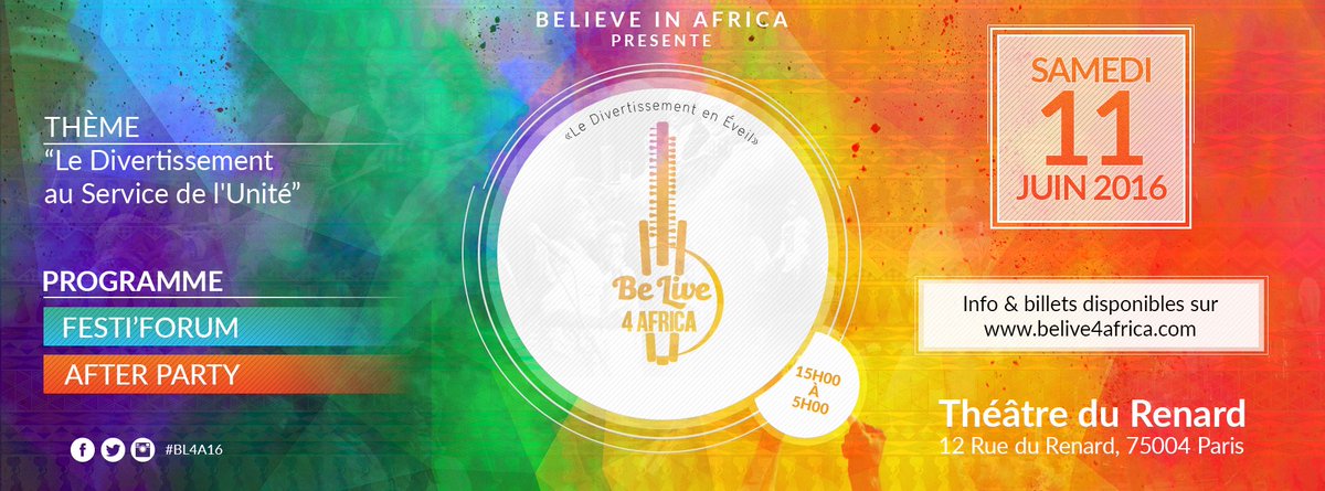 djmastapremier's tweet photo. [Event]
2eme edition Be Live 4 Africa le 11 Juin 2016 au Théâtre Du Renard
Le Divertissement Au Service De L'UNITE https://t.co/fUpYMlUCSQ