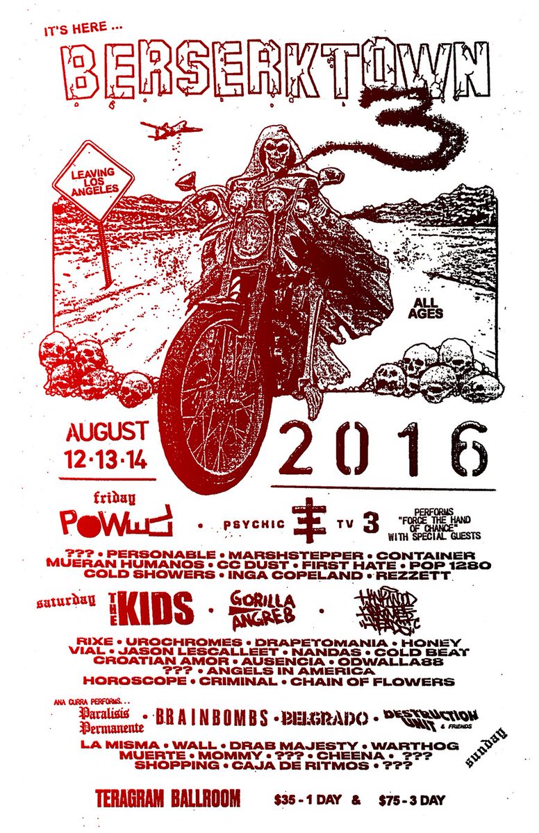 Single day tickets for <a href="/BerserktownLA/">Berserktown</a> August 12-14 <a href="/TeragramLA/">Teragram Ballroom</a> are on sale now at Amoeba Hollywood with low fees!