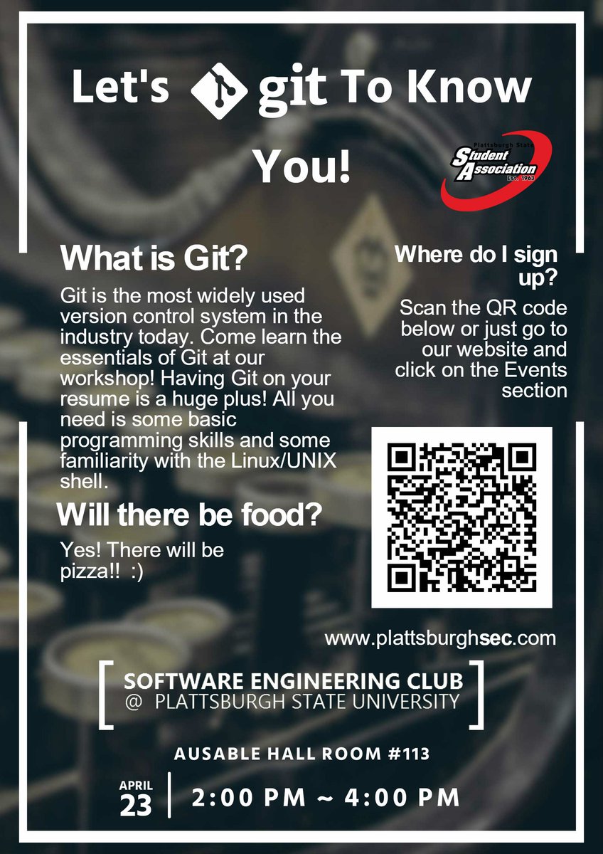 sec_platts's tweet photo. Come learn the basics of Git this weekend! There will be PIZZA! Sign up at https://t.co/3fT8pjHK1G #Git #Github https://t.co/rRdlQIHgMZ