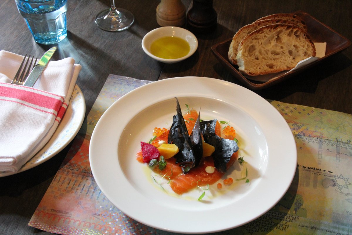 Cured Salmon, Pickled Beetroot, Ink Crisp.