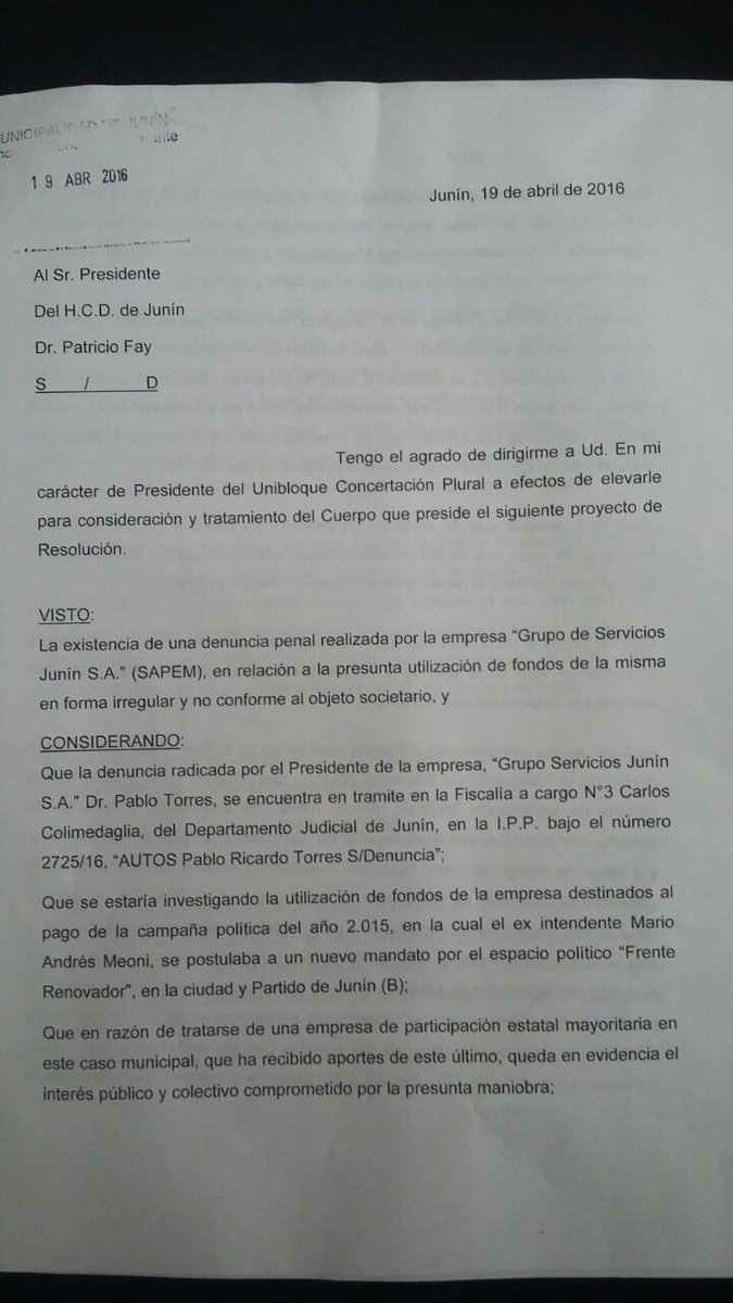 MarceOGarcia's tweet photo. Proy p/q el HCD,se presente en la causa iniciada por Grupo Serv Junín atento los int. colec. q representa el cuerpo https://t.co/2cu2ZiQFhs