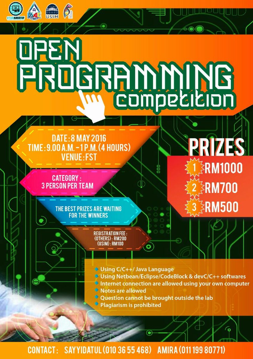 ISAvengers's tweet photo. [RALAT ATURKEATIF16]

USIM is having an OPEN PROGRAMMING COMPETITION on 8th MAY 2016, open to ALL. Lets CODE 💪💪💪 https://t.co/oqvj7pACw4