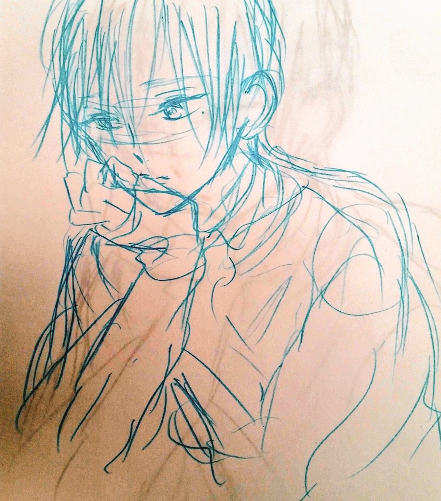 下絵、別の紙に水色であたりとったりなんとなく描いたりしてから(1枚目)トレースする(2枚目)からすごく効率が悪いけど、下手だからこうしないと描けない(T_T) 