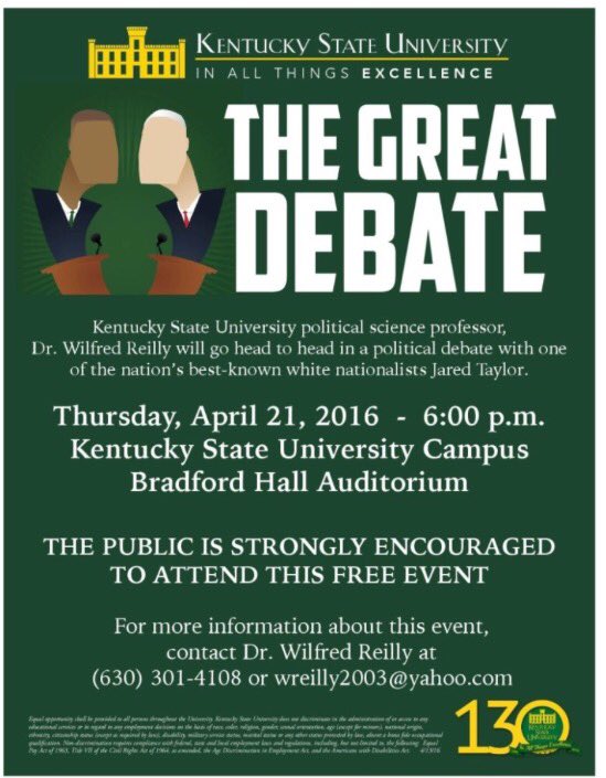 KyStateU's tweet photo. Prof. Wilfred Reilly will face off in a debate with @jartaylor https://t.co/TdGEardqJv #KyState_RYS16 #KyState_RYS16 https://t.co/VMcn5yfRNb