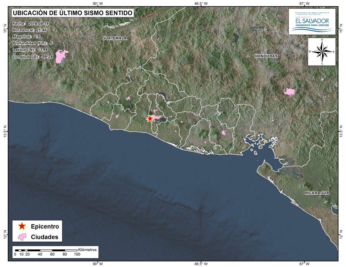 MedioAmbienteSV's tweet photo. Sismo mag. 2.8, en mun. de Antig Cuscatlán, La Libertad. A 4 km al NE de Santa Tecla. Prof. 5 km. 2016-04-19, 21:45 https://t.co/wB1cpJVJkg