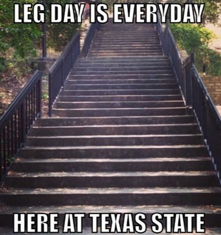 albertabrego's tweet photo. Every day is leg day when you face these stairs at Texas State! The stairs at #TXST are no joke! #txstfollowtrain https://t.co/k6k1q2ghUZ