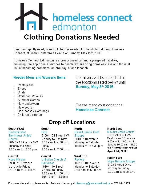 Hey #yeg, clothing donations still needed and accepted until May 8. We'll distribute them at #HomelessConnect