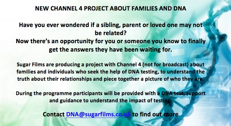 @Brontetorkilson New exciting C4 TV project looking 4 ppl who are seeking DNA results.E:DNA@sugarfilms.co.uk plsRT?