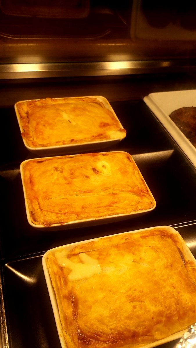 Chicken and bacon pie; goujons and steak burgers available for lunch today! #uccnewbar #nomnom