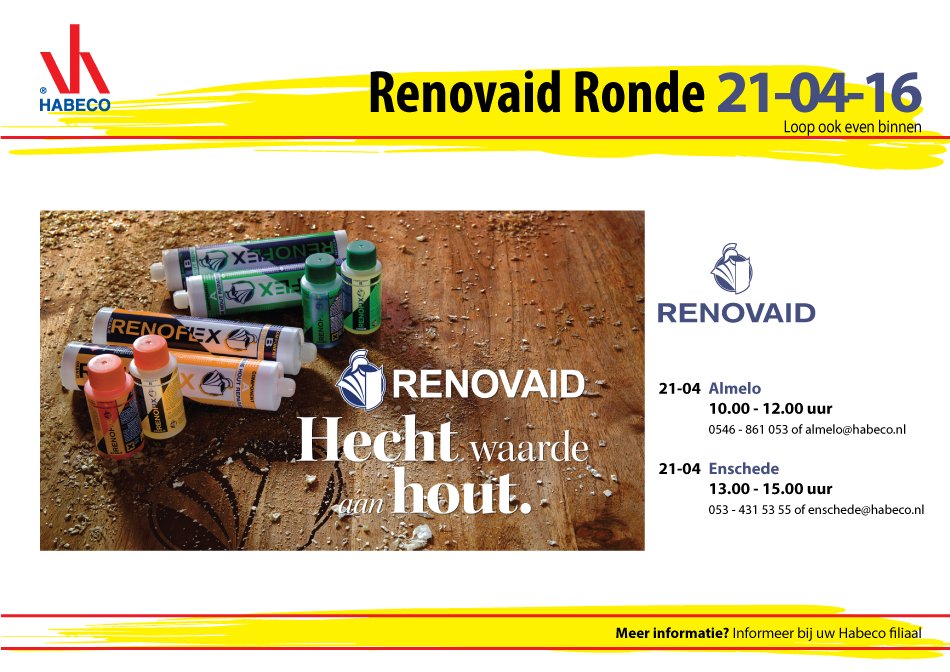 De ronde van <a href="/Renovaid1/">Renovaid</a> - loop 21-04 binnen bij Habeco #Almelo en Habeco #Enschede en stel al uw vragen!