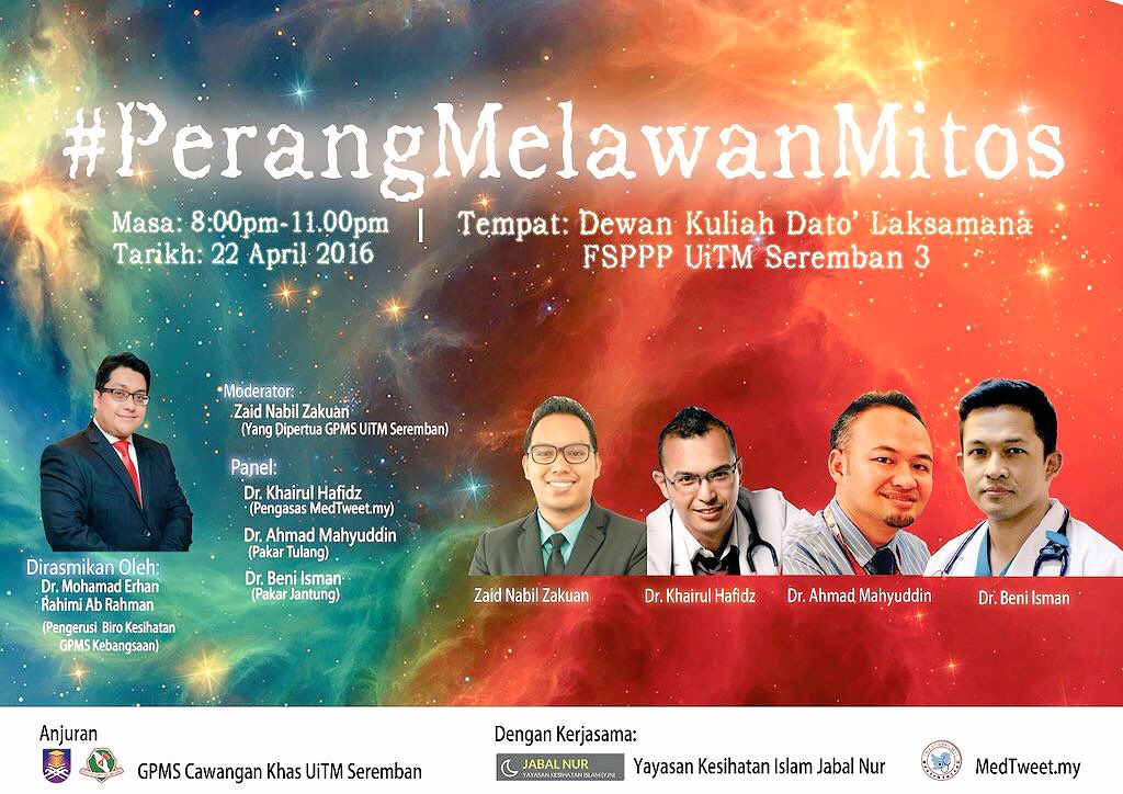 DrBeniRusani's tweet photo. Jom Jumaat ke UiTM Seremban kita #PerangMelawanMitos utk public - Free entry. Jom tolong RT benda baik 😇 https://t.co/Up0KTJikHt