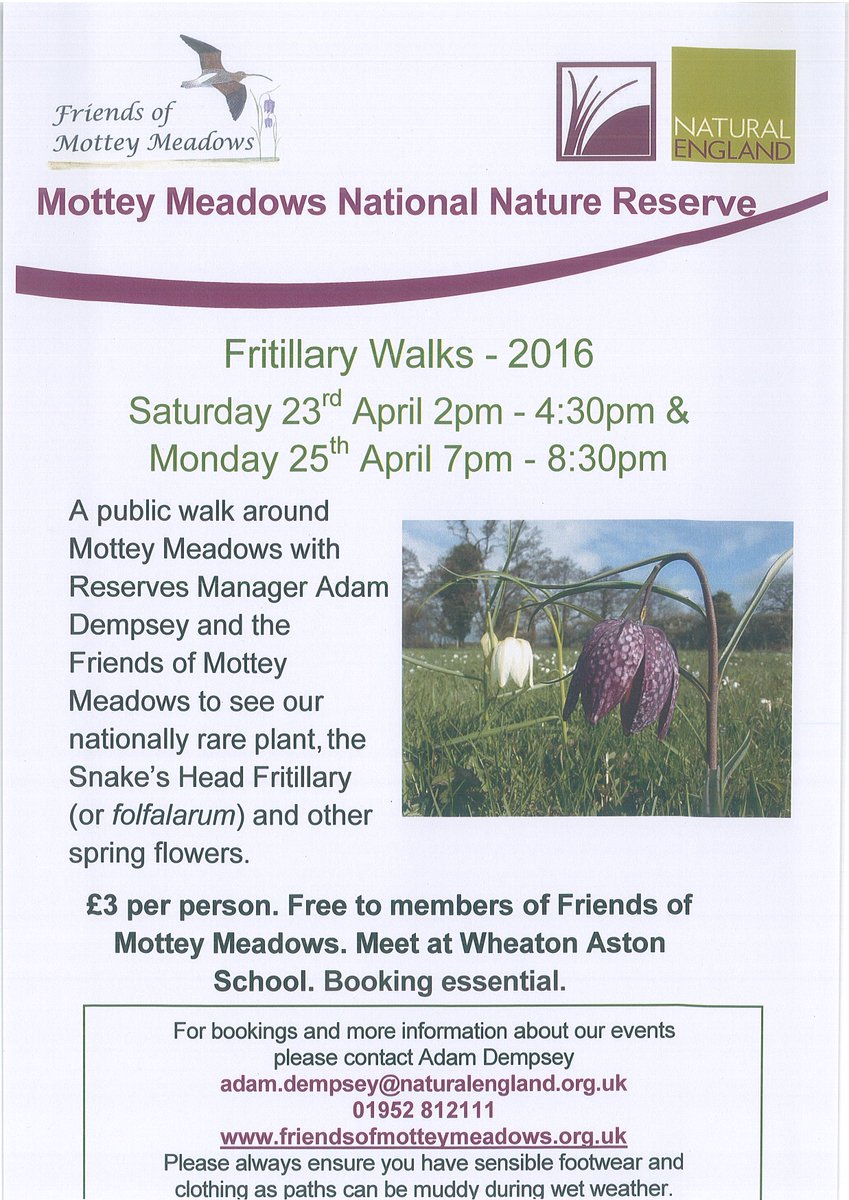 Guided Fritillary Walks #MotteyMeadowsNNR. #Staffordshire 23rd &amp; 25th April, booking essential <a href="/WildaboutPlants/">Plantlife</a>