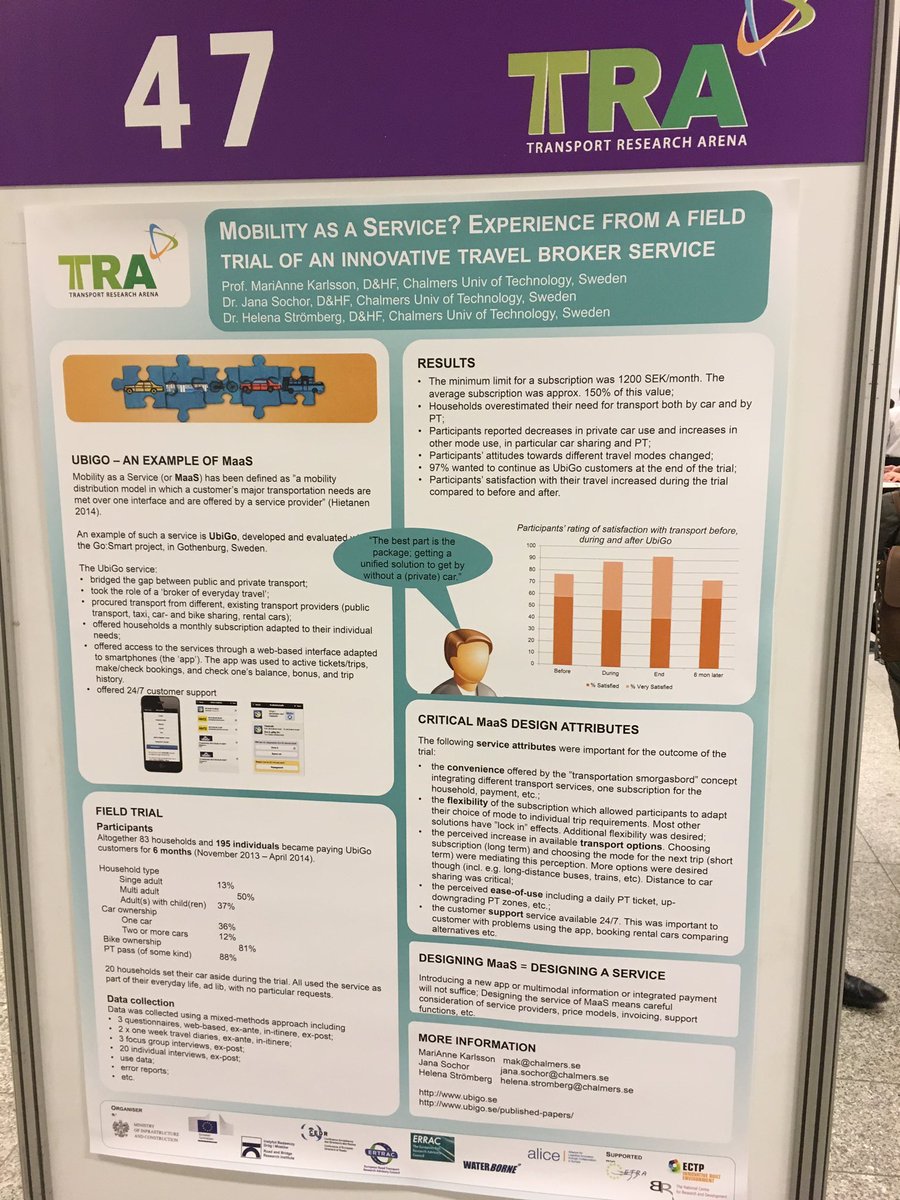 Service design is a big part of MaaS with very satisfied users - see poster of <a href="/UbiGoMe/">UbiGo - Subscription on mobility</a> trial at #TRA2016, stand 47