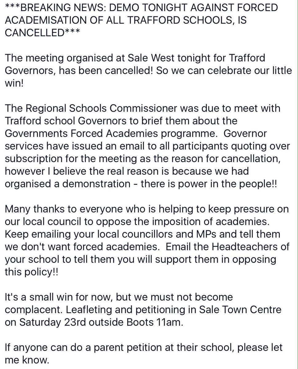 <a href="/TraffordAction/">TraffordAction</a> pls RT: Demo tonight in Trafford against forced academisation of our schools is CANCELLED!