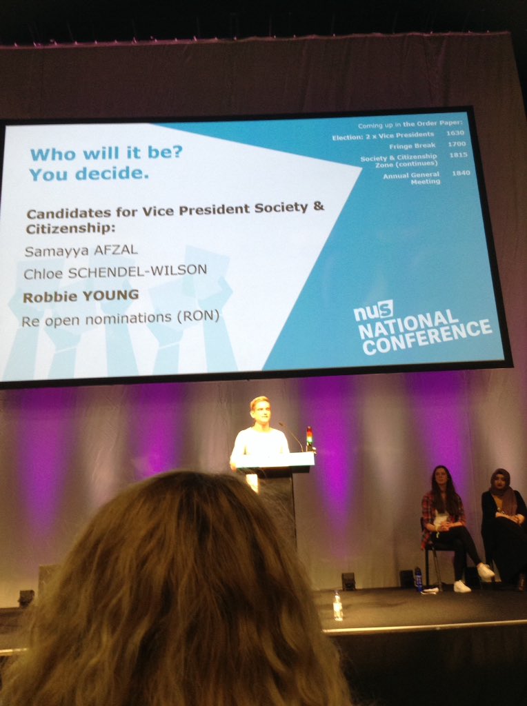 JessBaall's tweet photo. Robbie is representing why he wants the role really well :) #NUSConference #Robbie4SocCit https://t.co/8zXDK0Odme