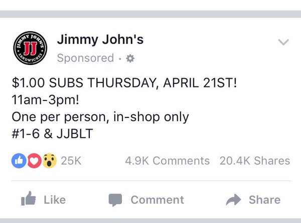 SimpsonCollege's tweet photo. RT @Brittany_Robb: #SimpCo friends, $1 subs in store at @jimmyjohns Thursday of #deadweek 🙌🏼🙌🏼🙌🏼 https://t.co/6hxdbrpAJo