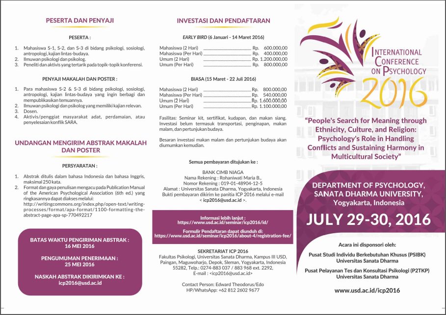ICP2016_USD's tweet photo. F. Psikologi USD akan mengadakan Int. Conference on Psychology pd 29-30 Juli 2016! @psikologiunpad @psikologiunesa https://t.co/MCWaXfDY4W