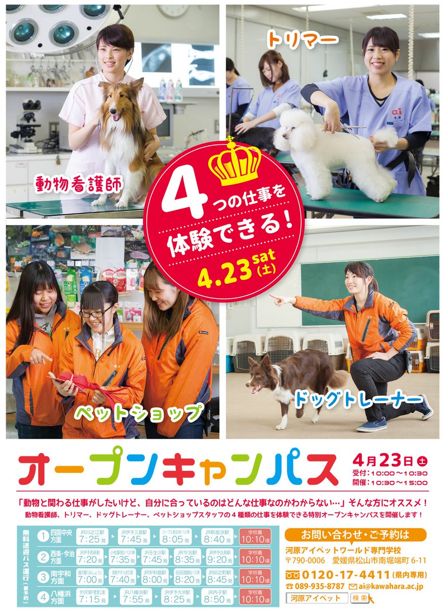 河原アイペットワールド専門学校 公式 Sur Twitter 4月23日 土 特別オープンキャンパス開催 開催 10 30 15 00 受付 10 00 動物看護師 トリマー ドッグトレーナー ペットショップ店員 の4つの職種をぜんぶ体験できる ぜひ遊びに来てください