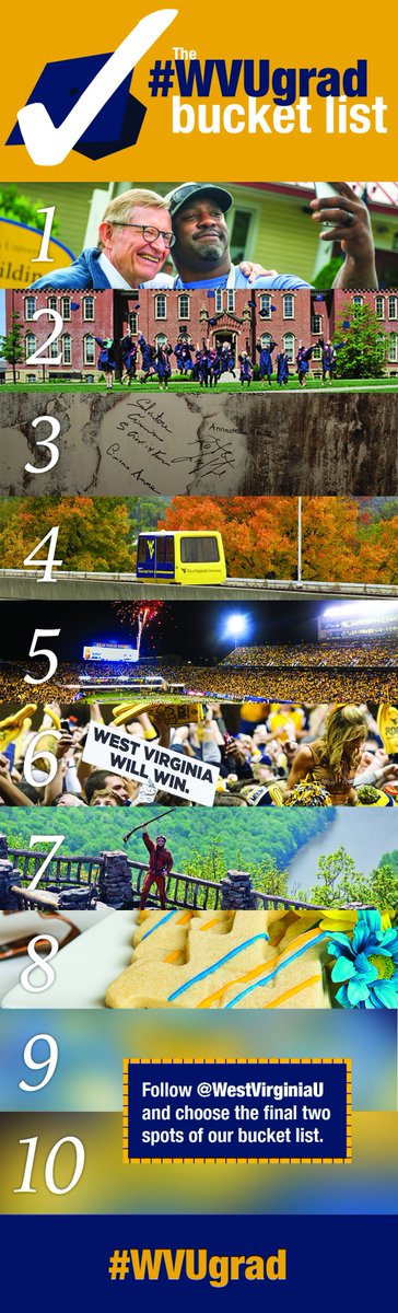 WestVirginiaU's tweet photo. If you're a #WVUgrad, you only have a few weeks to check off everything on your bucket list! What do you have left? https://t.co/husYMQHFhF