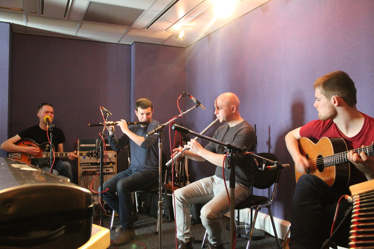 Playing live now on @BBCRadioScot - The @johnmccusker Band! Here's what they look like in studio!