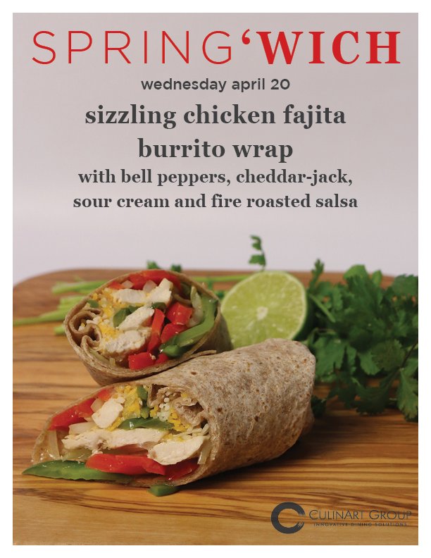CulinArtGroup's tweet photo. Today in our businesses &amp; colleges we are serving this Sizzling Chicken Fajita Burrito Wrap! #springwiches #sandwich https://t.co/TYind3Xg88