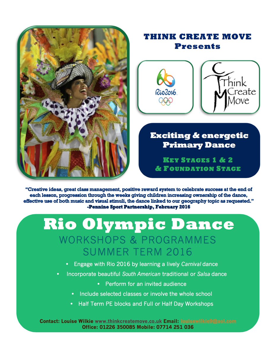 ThinkCreateMove's tweet image. Rio Dance workshops &amp;amp; programmes for primary schools Summer 2016. Get your pupils involved, make an enquiry today.